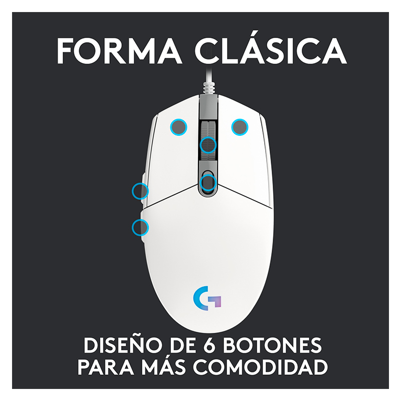 Mouse Óptico Gaming Logitech G203 LIGHTSPEED Blanco 8000DPI 6 Botones