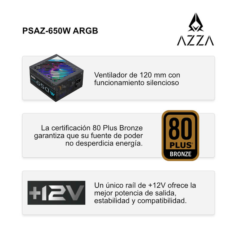 Fuente de Poder 650W AZZA PSAZ 650 80-PLUS Bronce ARGB