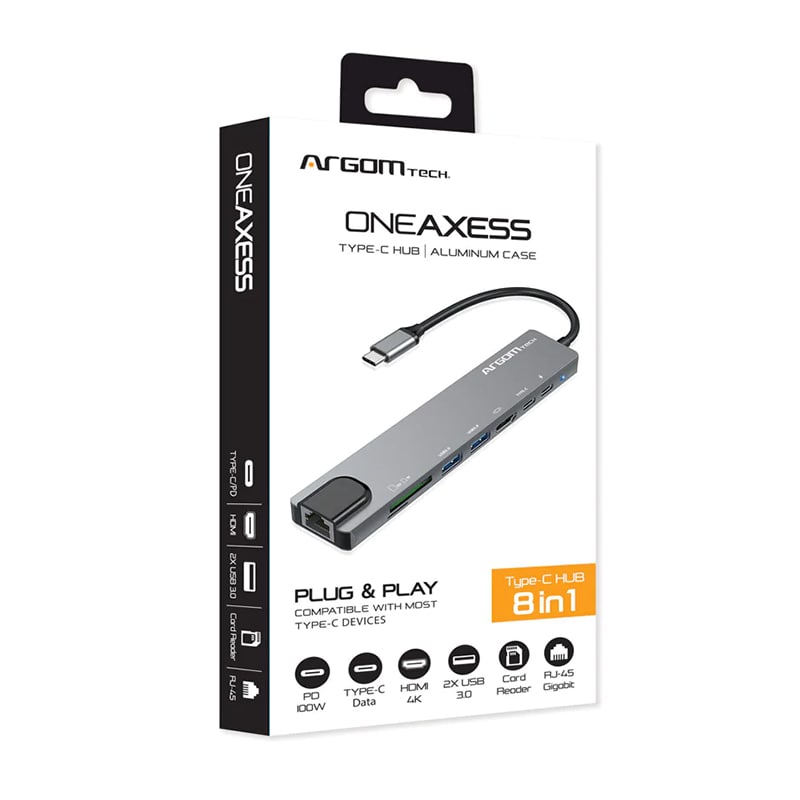 Hub Argom 8-en-1 AXESS USB-C Transferencia de PD 100W Plateado