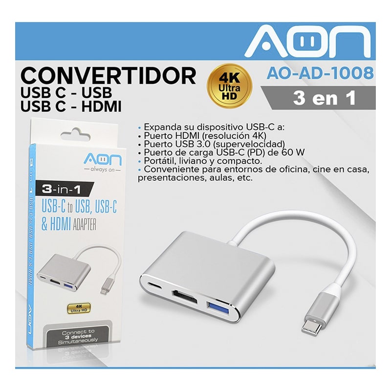 Adaptador AON AO-AD-1008 USB-C a HDMI , USB y USB-C Blanco