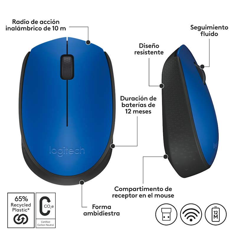 Mouse Inalámbrico Logitech M170 Óptico 1000DPI Azul