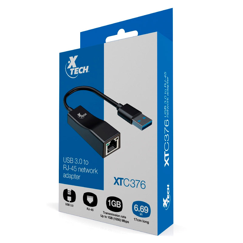 Adaptador USB a RJ45 10/100/1000Mbps Xtech Macho-Hembra Negro