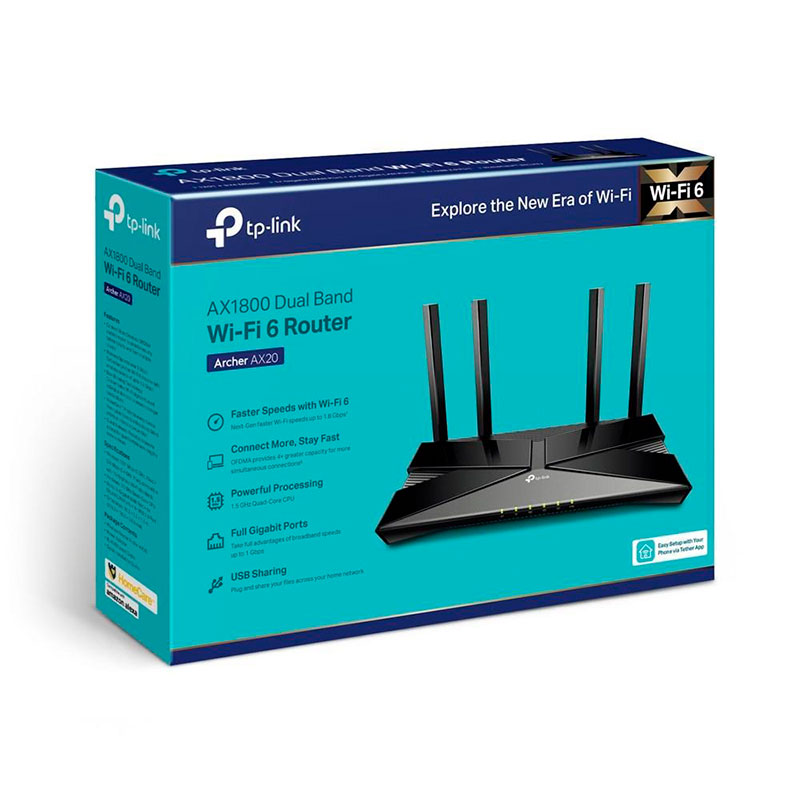 Router TP-Link Archer AX20 - AX1800 Doble Banda Wi-fi 6 1200Mbps 5Ghz 574Mbps 2.4Ghz 4 antenas